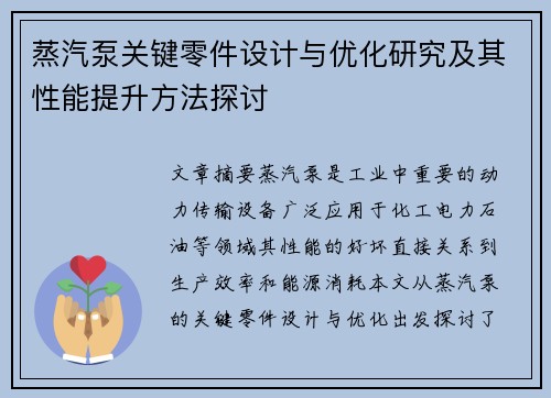 蒸汽泵关键零件设计与优化研究及其性能提升方法探讨